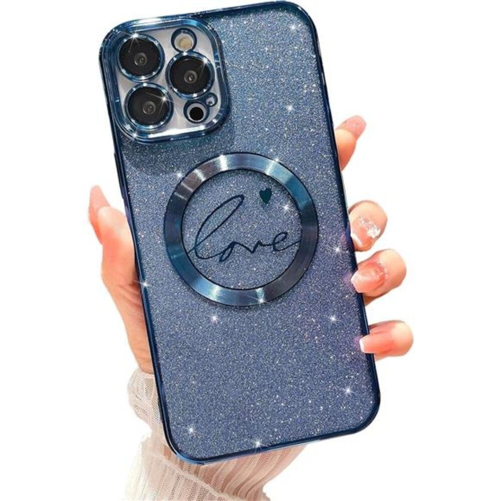 iPhone 15 Pro Max Magnetic Glitter Case Love Heart Blue Iphone Case